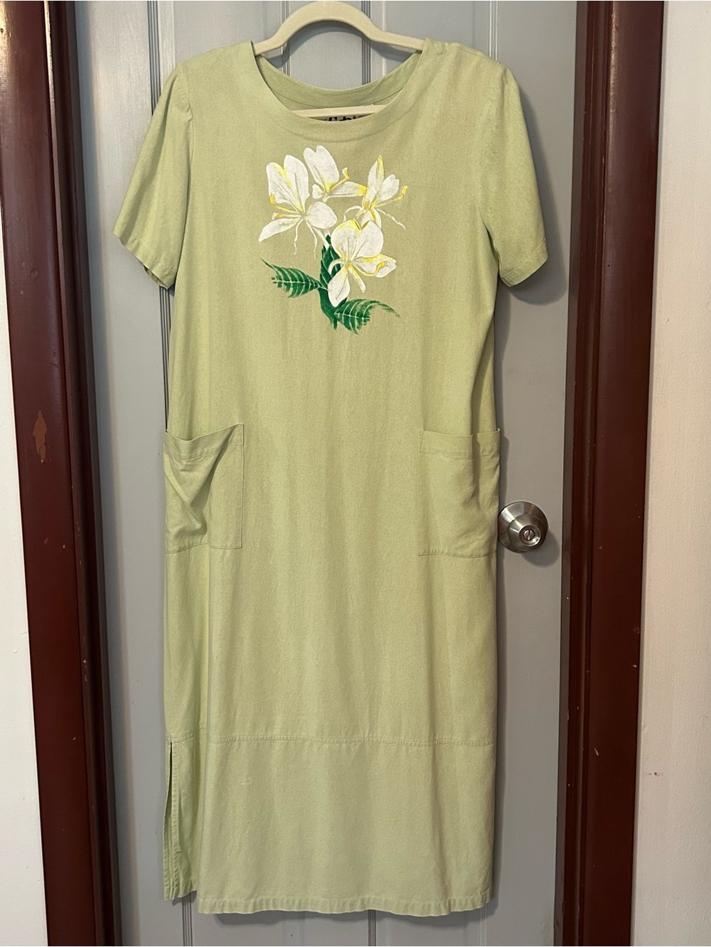Maxi Art to Wear Silk Dress Hand Painted Orchid Floral Pockets Light Green Sz M